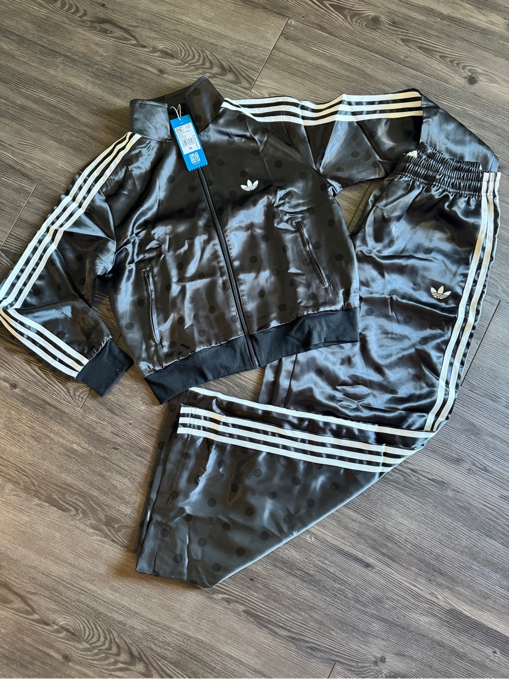 adidas Black Satin Bomber Jacket & Track Pants with White Stripes